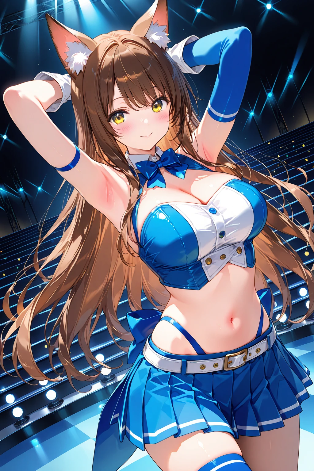A beautiful and busty idol singing with a microphone