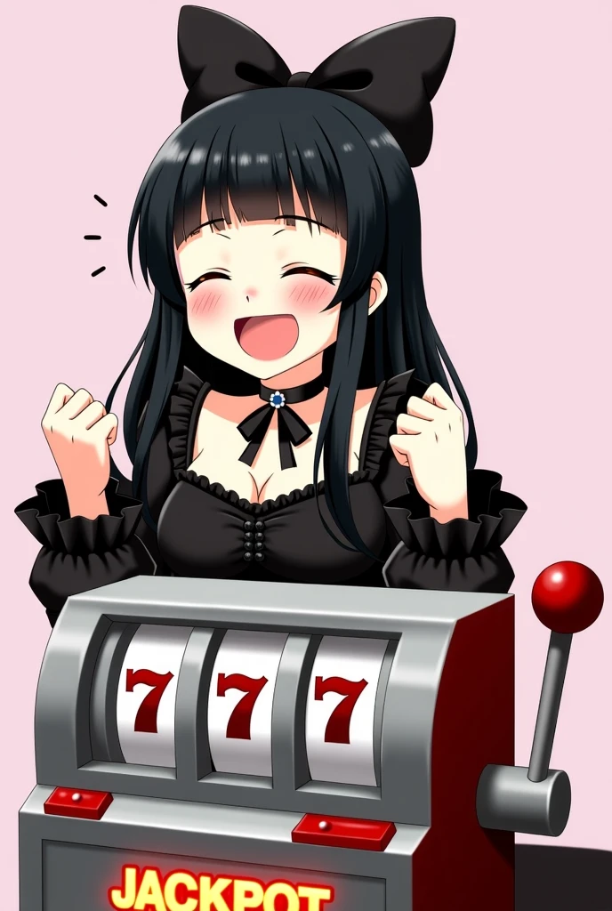 best quality, expressive eyes, perfect face, black hair, long twintails, straight bangs, pink eyes, smirking expression, pink hoodie, black thigh highs, pink lips, black panties, big breasts, adult, holding money, evil,