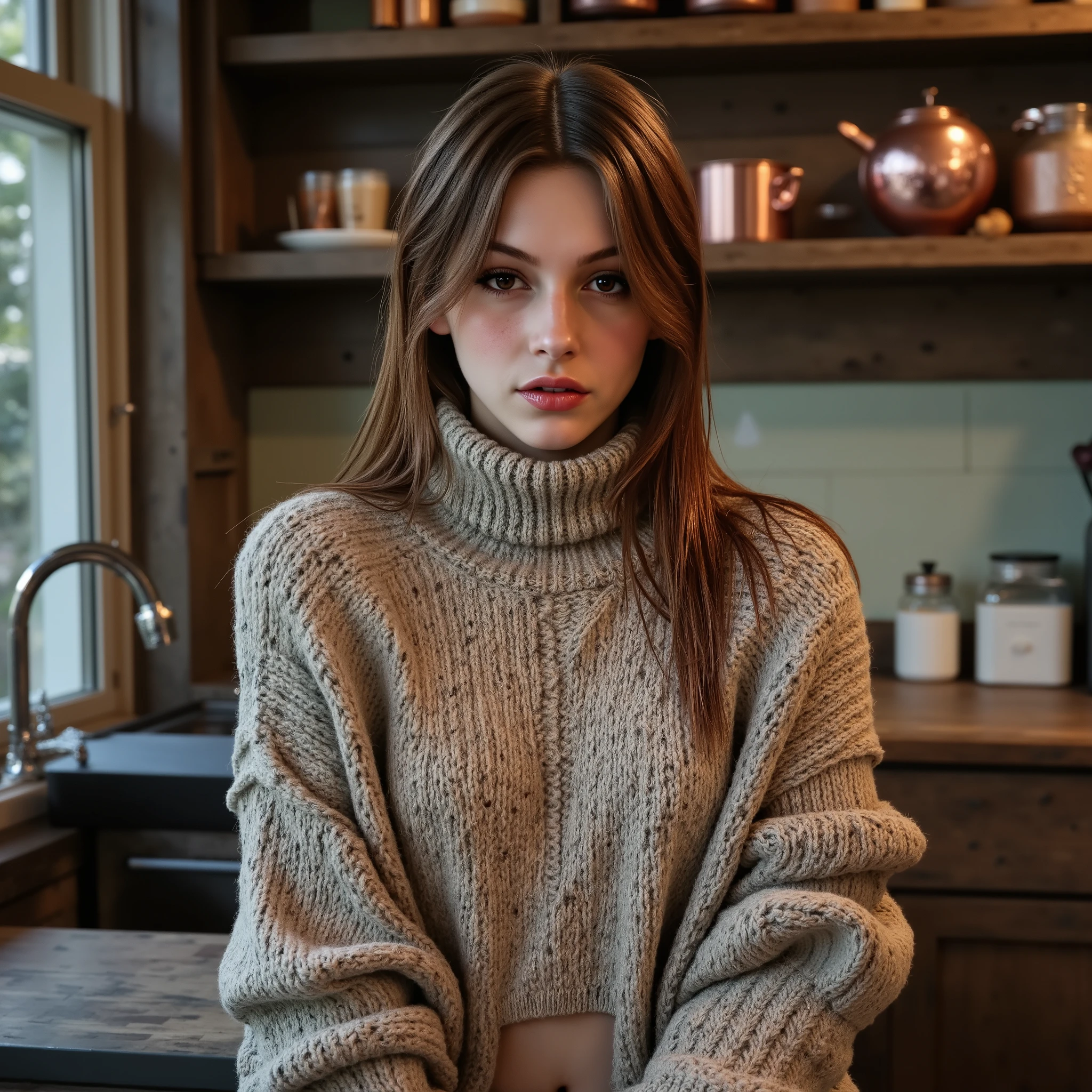 Amanda Riley, portrait of woman, turtleneck aran sweater, comfy, fully stocked vintage kitchen background