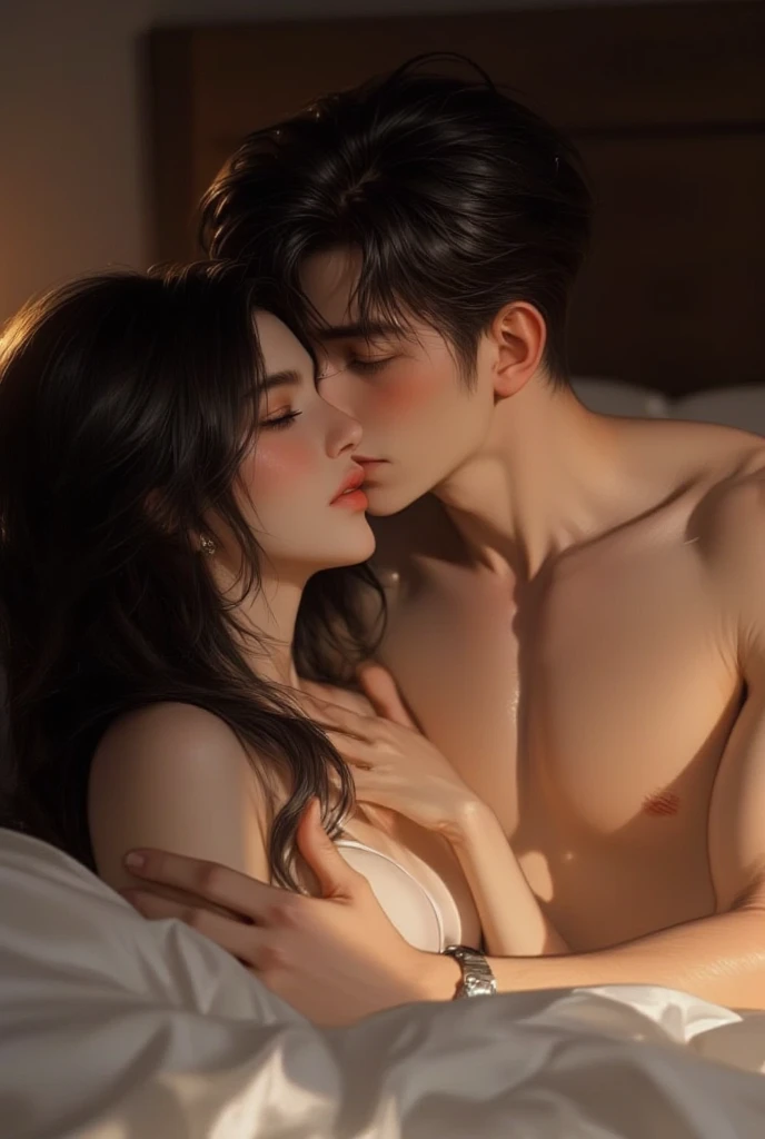 Amazing portrait of a sexy woman kissing and making out with a shirtless boy with her glossy red lips while wearing a sheer white shirt that reveals the red lacy lingerie that she's wearing underneath the shirt in a dimly lit room with one lamp giving off warm lighting
