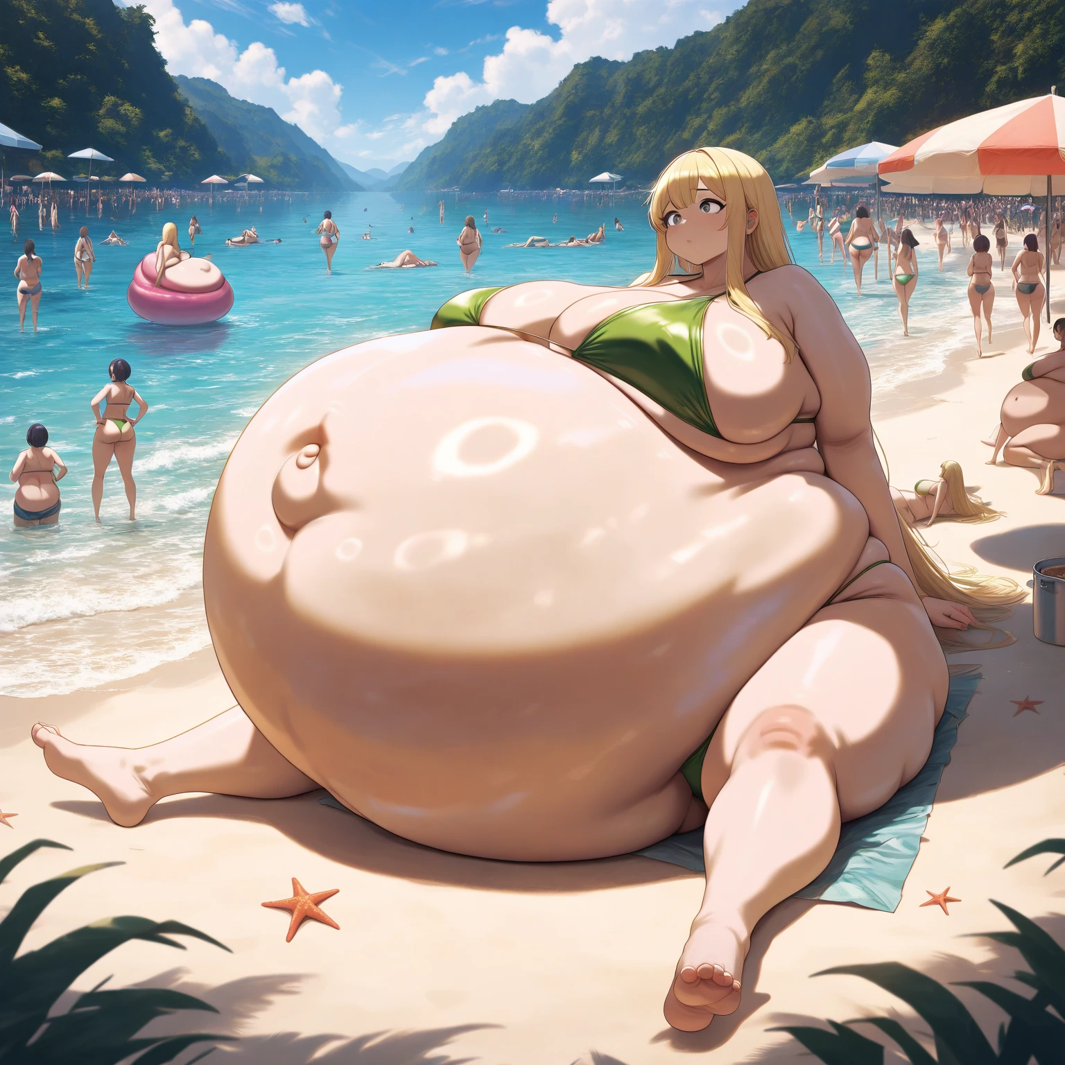 Cherry red skin all over, Thicc, obese, white hair ((wearing white tank top)), hair over eyes, struggling frown of effort, ((body blemishes)), voluptuous woman, perfect hands, perfect face, smile, (anatomically correct), (Perfect/ realistic proportions:1.2), (overwhelmingly fat arms, obese face), arm up, ((extremely widest ???? possible!)), ((extremely massive thick thighs, morbidly large belly), belly overhang!, stretch marks)), (1080P, 4k UHD, Masterpiece:2.1!) ((single)), background: tilted towers