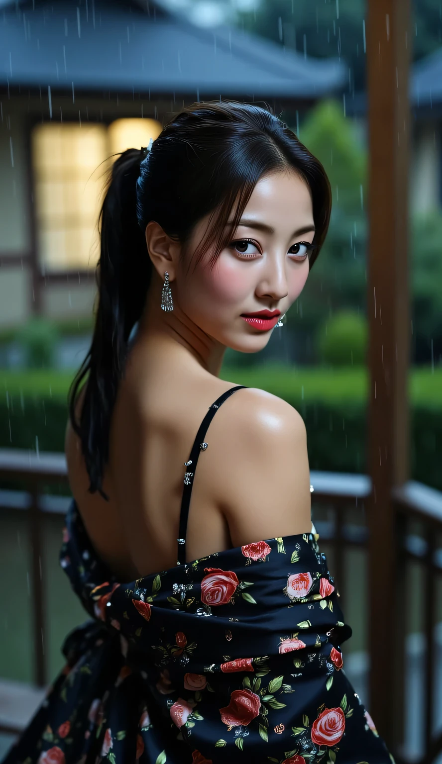 a beautiful woman, sitting strapping on the porch of a japanese model's house as the rain drizzles, home garden background Japanese model at night with full moon, very calm atmosphere , face looking at camera , hujan gerimis, using kimono covered in satin material black color floral print, payudara besar, Black hair ponytail, bibir merah