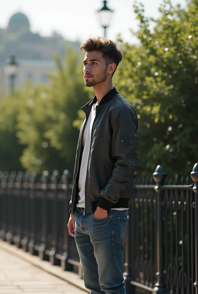 A young man sitting on a metal bench in a sports jacket, In the style of neo-concreteism, Subtle tones, webcam photography, Subtle colors, Sharp edges, genderless, Fawn can ,medium to long shot