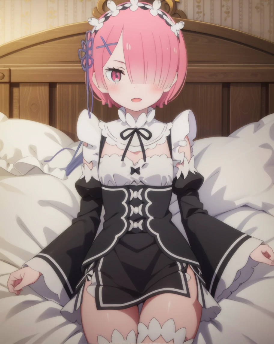 masterpiece, best quality, high resolution, best illustration, super fine illustration, (official art:0.8), (anime screencap:0.9), detailed beautiful face and eyes, anime keyvisual, (perfect anatomy:1.1), ultra detailed, 8k portrait, nsfw,
1girl,
ram,
ram \(re:zero\),
short hair,
pink hair,
(red eyes:1.2), (beatiful detailed eyes:1.2),
maid headdress, ribbon, x hair ornament,
medium breasts,
maid uniform, frilled apron, detached black sleeves, white tights, cold Shoulder,
looking at viewer,
cowboy shot, spread legs, show panties,
natural light, background of indoor, lie on the bed,