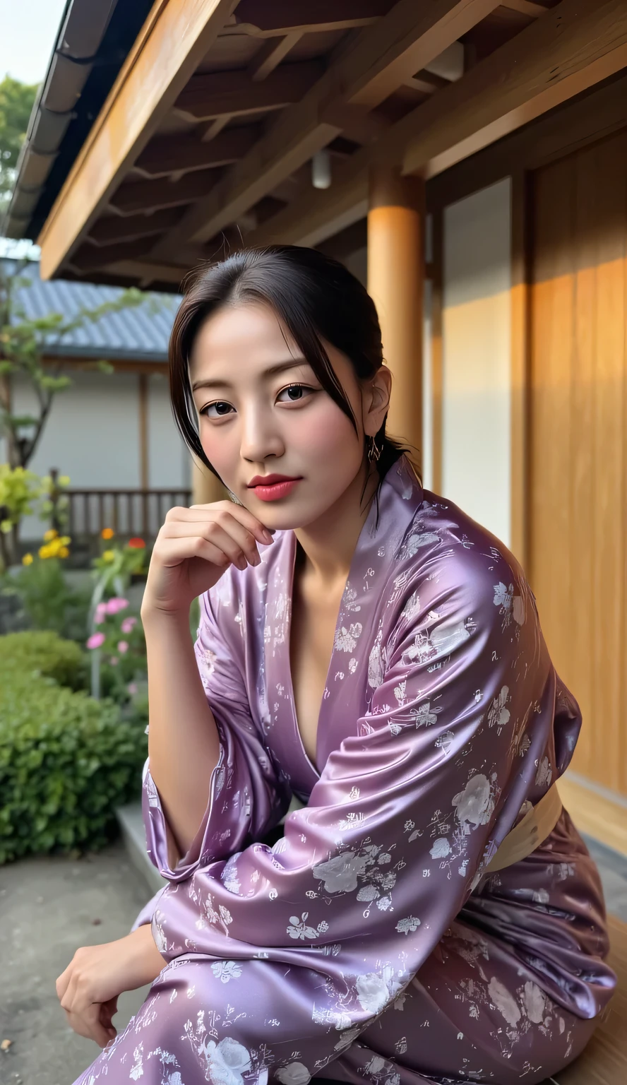 a beautiful woman, sitting strapping on the porch of a japanese model house, home garden background Japanese model at dusk, sunlight orange, sitting looking at the camera, using kimono covered satin material purple floral print, payudara besar, Black hair ponytail, bibir merah