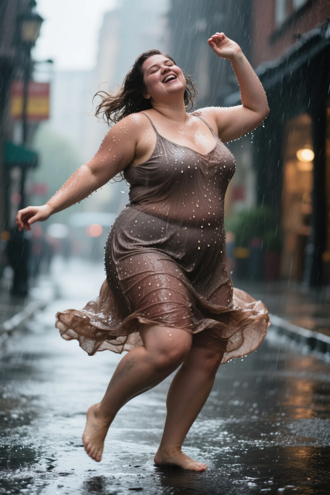 A realistic portrayal of a curvy womannaked , running through the rain. . The raindrops create a sense of depth and motion in the image, with water droplets glistening on the pavement. The background reveals the bustling city, with buildings and umbrella-carrying pedestrians, as the woman continues to run, letting out a joyful scream, embracing the refreshing rain.