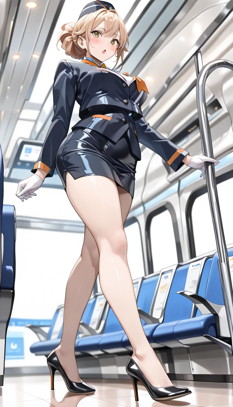 violet evergarden, peeing herself, peeing, peeing self, very desperate to pee, at a train station, full face blush, sad, crying, flustered, blonde pubic hair, black stockings brown boots ruffled panties, peeing, peeing self, peeing, peeing self, pee puddle, puddle of her own urine is forming around her feet, white dress, holding small suitcase