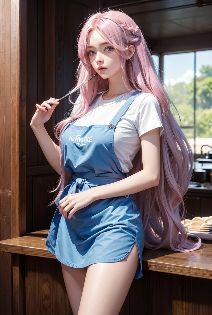 NSFW,White naked apron,Cute face,Long hair,Ponytail,hot pink hair,Dark cyan eyes,kitchin,masutepiece, extremely fine and beautiful, (((A woman is grabbed by a man from behind))),masutepiece, extremely fine and beautiful,