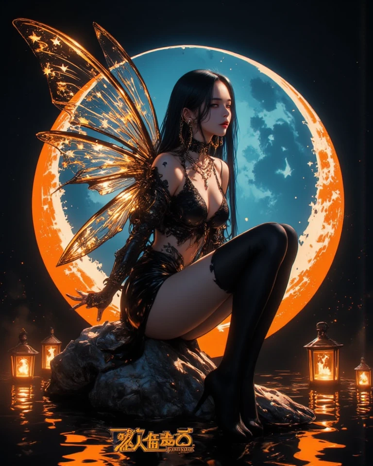(Beautiful woman, Amazing face and eyes, makeup, detailed facial features, Glowing blue eyes, Blonde), (sexiest look), (large breasts:1.3), (realistic elf ear), (four fingers on each hand, detailed finger, proportional hands), (silk see through lace:1.3), (massive butterfly wings in the center of her back), (detailed proportional body, thin body, toned muscles, sitting, detailed proportional legs, Spread legs, shaved legs), (oak forest, calm lake, stary sky, moon light, fantasy setting, orbs), (Best Quality:1.4), (Ultra-detailed), (extremely detailed CG unified 8k wallpaper), Highly detailed, RAW Photos, Professional Photography, (:1.4), plein air, Illumination, (Super fancy photos:1.4), (Dazzling light), Radiant Photography, depth of fields,