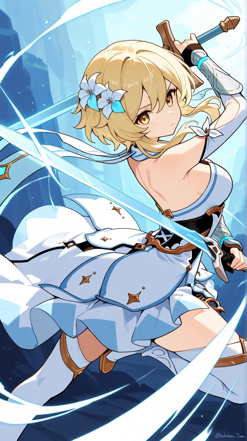Lumine from genshin impact, naked, hairy armpit, sweaty body