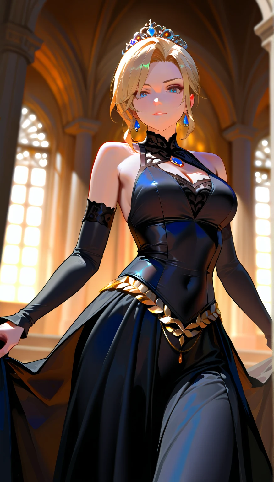 Cute girl, Queen, gold clothes, short yellow hair, blue eyes, sexy 