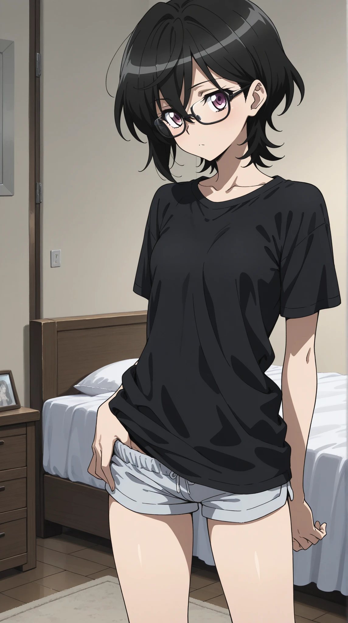 ((masterpiece, best quality)),8k,akirav4,indoor , sitting on bed,black hair ,slim waist,oversized shirt,