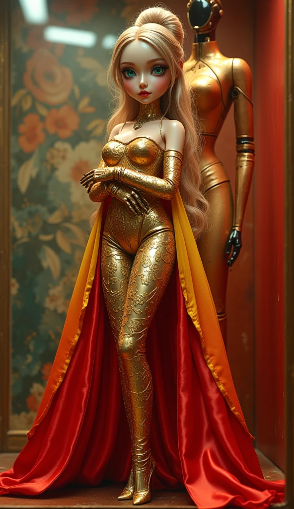 young girls. shiny gold floor. in a sarcophagus  . yellow eyes red lips long golden hair .  archaeological clothing sexy tall bodies athletic slim waist medium breasts medium buttocks 