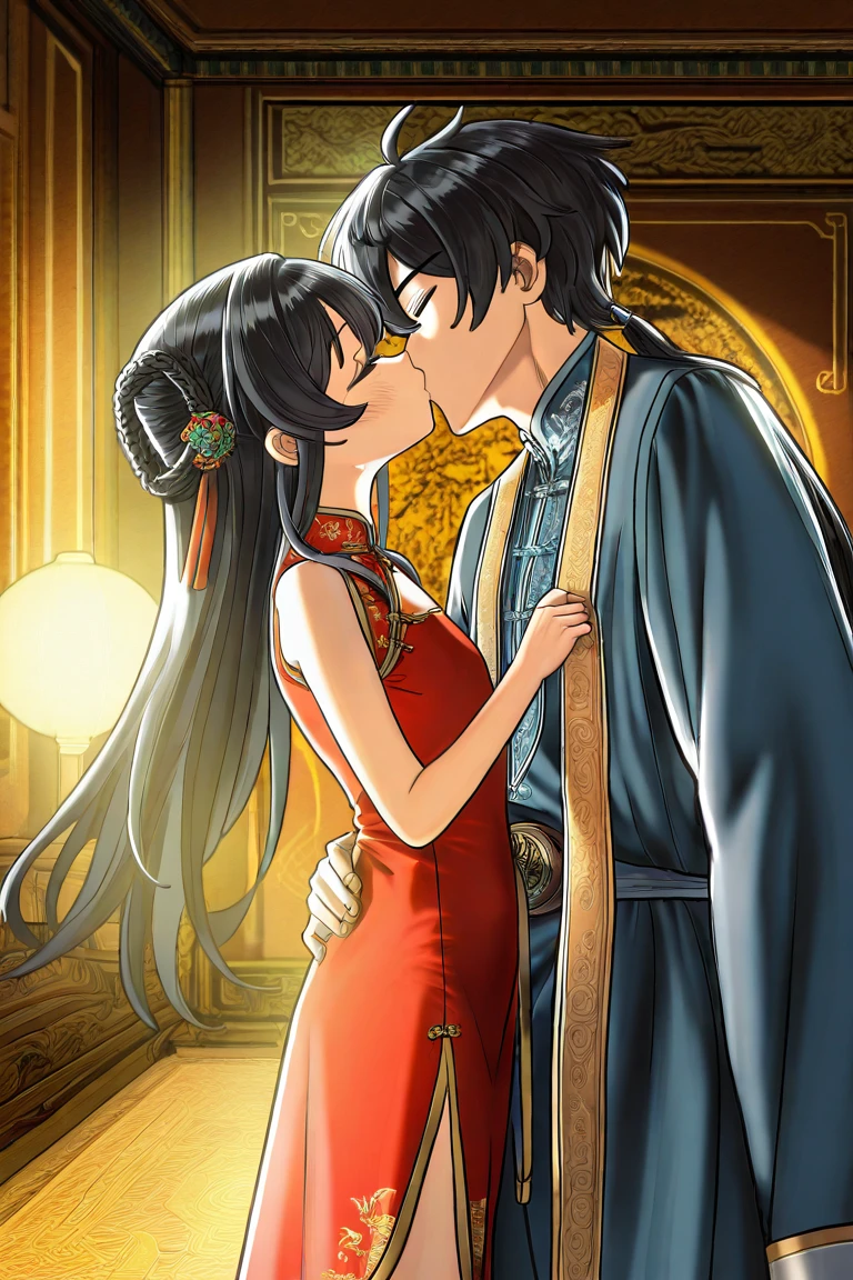 A tragic historical drama in 8k live-action style: Beautiful palace secrets　Beautiful Chinese Kung Fu Princess with long black hair is forced to wear red flower print shiny pants exposing her pussy for pooping　Gorgeous embroidery, Ultra glossy, She is wearing shiny red long sleeve floral pajamas....　　　She is hugged and forced to kiss by an old man