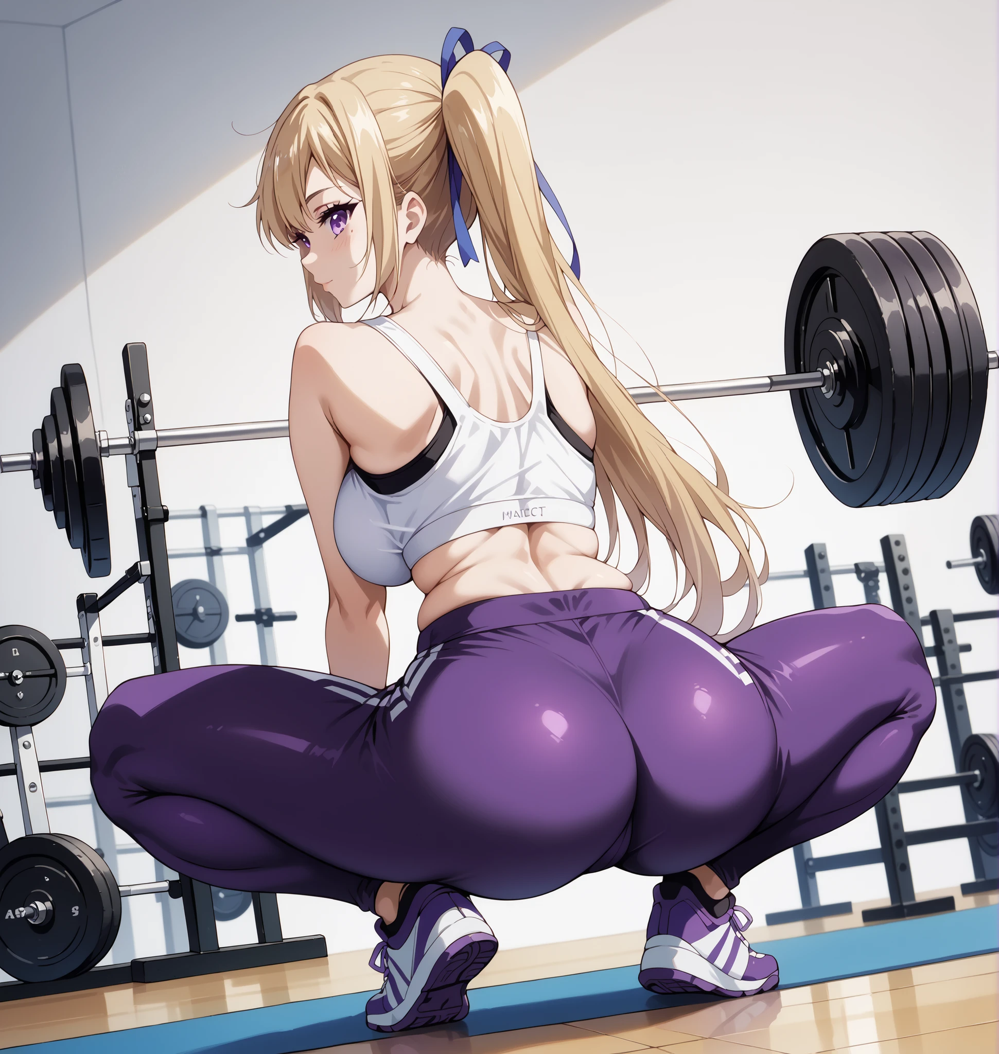 score_9, score_8_up, score_7_up, source_anime, 4K,perfect fingers,(perfect hands, perfect anatomy),prefect lighting, very aesthetic, intricate details,highly detailed background, masterpiece, high quality, best quality,
mai kawakami, blonde hair, hair ribbon, long hair, mole, mole under eye, ribbon, side ponytail, purple eyes, ((large breast:1.5)),
Wearing ((purple leggings, black gym bra, )),,
wide hips, nice thighs, big butt, soft looking, cute, side pose, gym,