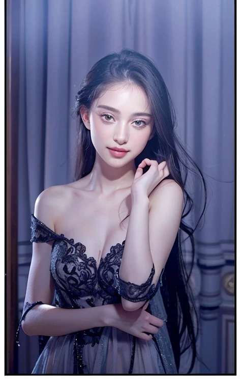 A young woman dressed in luxury an elaborate black-gold Victorian-era gown with lace accents and a corseted bodice, her gaze slightly averted from the camera. The soft lighting imparts an air of elegance and quiet introspection, emphasizing the contrast between the intricate details of her attire and the serene ambiance, medium long shot,Victorian -era wallpaper style background