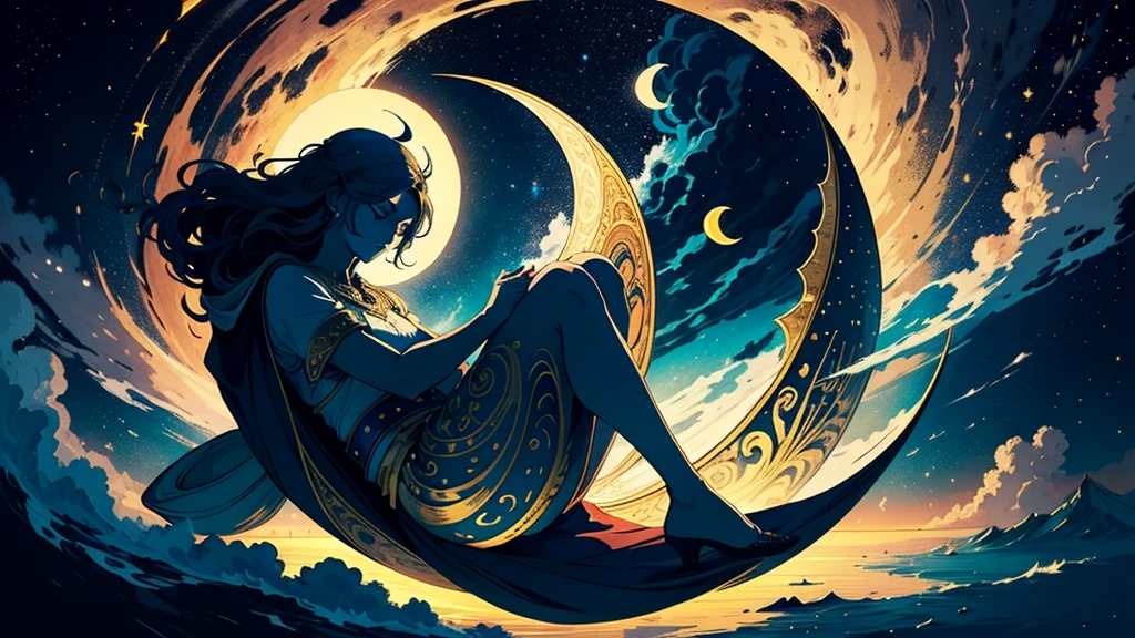 fusion of oil painting and watercolor painting, fusion of paper cutting and shadow puppetry, best quality, super fine, 16k, delicate and dynamic, the back view of a beautiful mermaid Princess sitting on a rock, a large moon with an orange gradation, stars, the night sky, ripples on the sea surface, special image effects, artwork