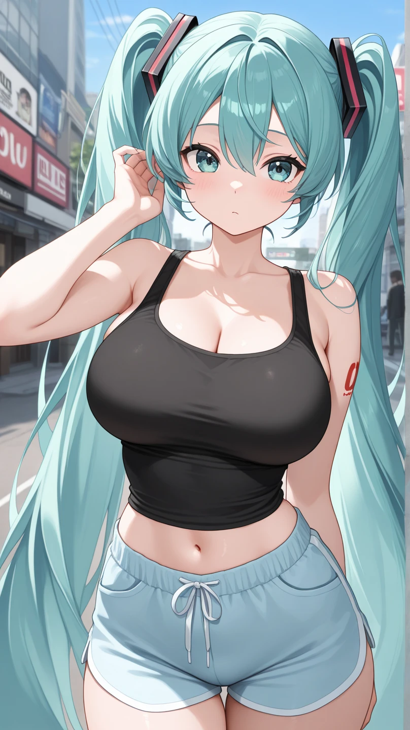 Grown-up Girl, fox ears, fox tails, Long blue hair with pink tips, Heterochromia, The left eye is blue, Right Eye Pink, Blue Eyeshadow, pink lipstick, black tanktop, upskirt, open belly, Pop Idol, huge breasts, Smile, Masterpiece, hiquality, 4k, HD, Good detail