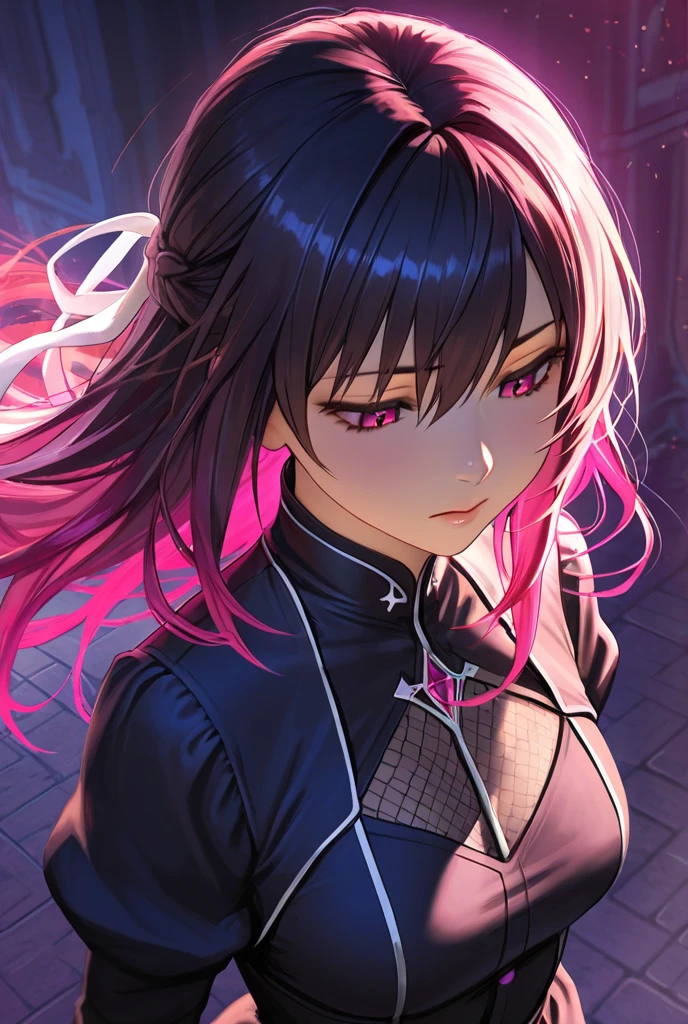 a girl purple eyes minecraft Enderman black top big breast breast enlargement forest full-body shot looking at camera smiling illustration, ultra-detailed, HDR, vibrant colors, soft lighting