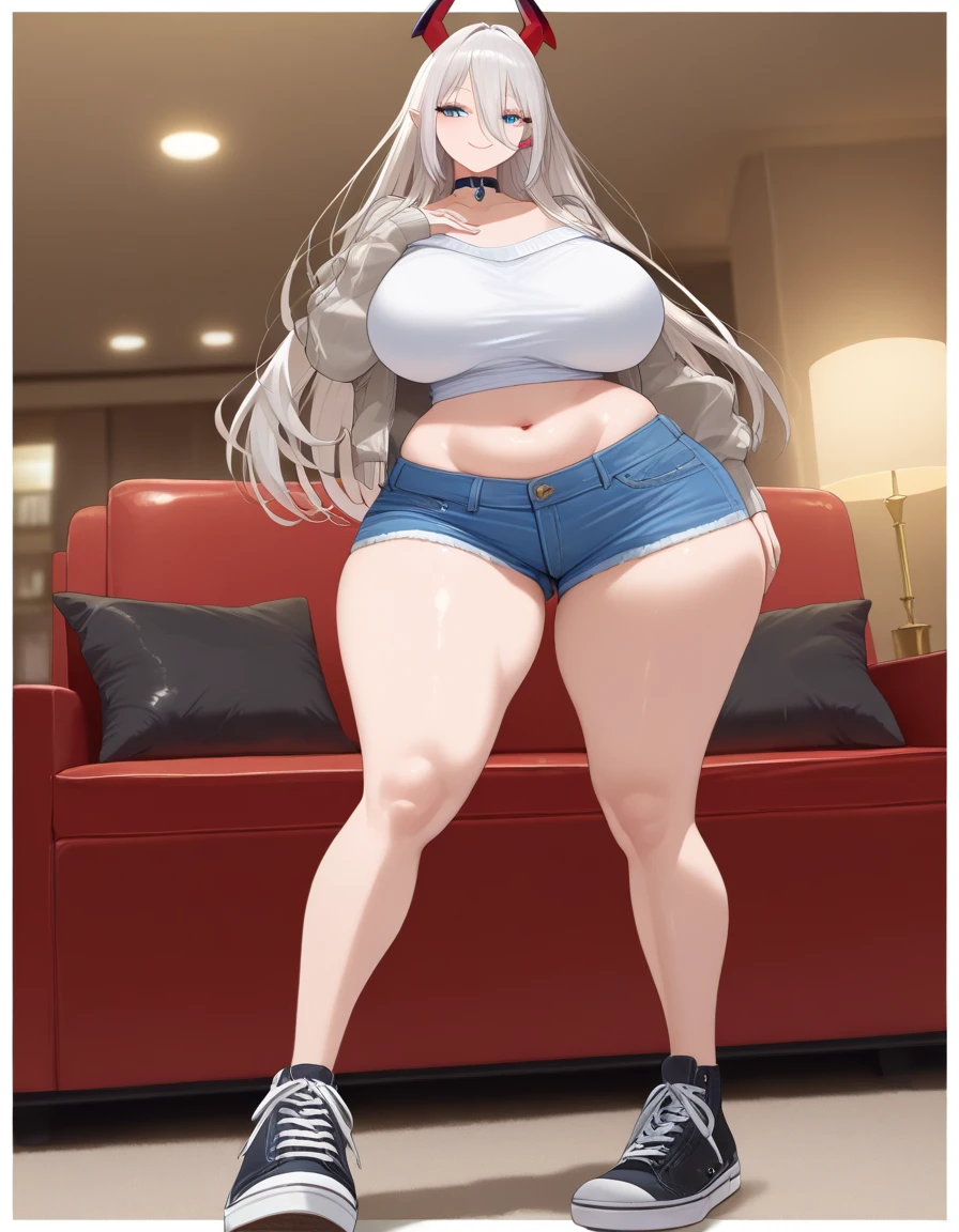 (masterpiece, best quality, highly detailed), 1girls, big belly, huge belly, art by kipteitei, round belly, chubby, curvy, belly grab, enormous belly, fat belly, thicc, bigger belly, really big belly, jiggly belly, glasses, unzipped jacket, (no shirt), bra, thight shorts, high heels, smug face ((full body)), long hair