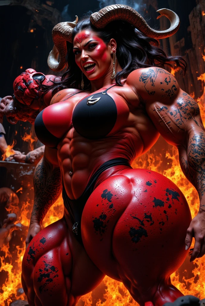 Evil giantess woman, 50 ft height, giantess , walking around city, small skyscrapers, two devil horns , evil eyes, long wavy hair, demonic girl , seductive , scary and beautiful, fierce, full body, seducing , mighty and great , snake eyes, strong jaws, fit beautiful muscular body and sexy , wet and shiny body , showing her armpits, tanned akin, scary grimming, red piercing eyes, long nails , sexy fit body, giant body and height, 12 foot height