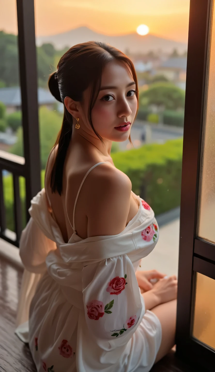 a beautiful woman, sitting strapping on the porch of a japanese model's house as the rain drizzles, background of fuji mountain at sunset, orange ambient light, very calm atmosphere , body looking camera, Using white floral print satin material kimono, Black hair ponytail, bibir merah, wajah tersenyum