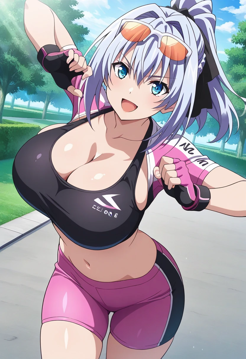Noelle silva, Noelle from the anime black clover, white hair, twintails hair, beautiful, beautiful woman, perfect body, perfect breasts, wearing a sports wear, wearing earrings, wearing a watch, sports activities, at school, blush, realism, masterpiece, textured leather, super detail, high detail, high quality, best quality, 1080p, 16k, busty milf, sweaty, huge breast, huge ass, massive breast, body angel view