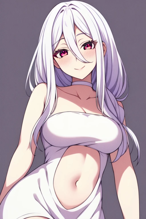 (1woman,solo,mature female,25 years old),(no hair on the forehead),(white background,simple background),(((naked body))),long hair,white hair,sensual, smile, sexy, red eyes,((white skin,colored skin)),(looking at viewer),parted lips,(from behind),(((shushing))), cowboy shot,