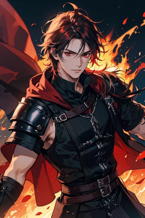 A crazy king with short brown hair and brown eyes，He had a crazy smile on his face，Looks aggressive and aggressive，Like it could destroy the whole world。His hands are covered in blood，Destroying everything in front of him。There are corpses scattered all over the ground，The bloody sky casts a heavy red and black shadow。