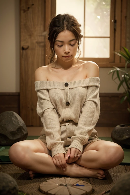 Japan girl, sunny, indoors, Japanese-style room, sexy knit, very short hair, full body, single girl, closed eyes, ((very beautiful portrait)), (glowing skin)), RAW photography, (masterpiece, best quality, hyper detail, cinema lighting, intricate detail, high resolution, 8K, very detailed), detailed background, 8K UHD, DSLR, soft lighting, High quality, Film grain , Fujifilm XT3, Shallow depth of field, Natural light, Crotch crouching on tatami mats,, POV, face crying with mouth open, masturbation