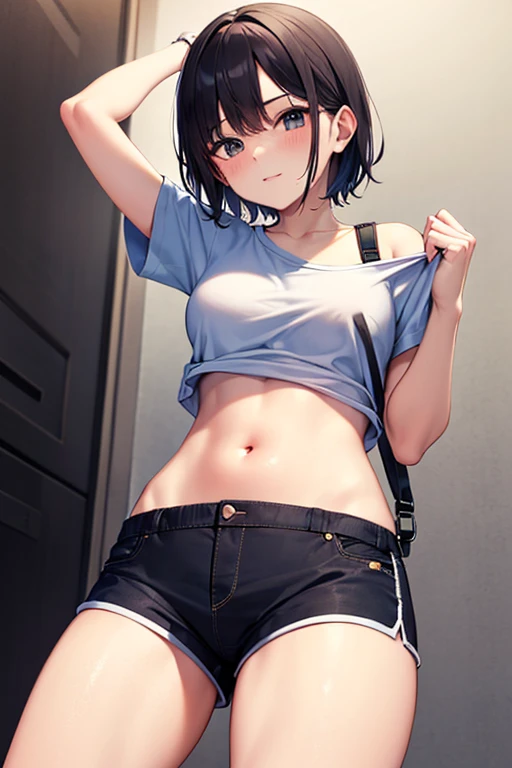 (Shota:1.5), (baggy:1.4), (White tank top:1.3), (White panties:1.3), (bulge&erection:1.4), (Looking up:1.4), The wind is blowing, (((Highest quality))), (((masterpiece))), (((Super detailed))), (skinny:1.3), ((Spiked Hair)), (The wind is blowing), ((Pink-blue hair)), Wine red eyes, Raise your arms, ((smile)),  (Open your mouth), ((Earrings)), blue sky, Grass, (Choker on neck), Underarm, Sweaty skin, ((Wet clothes)), Nipples, center, (Shooting from below),