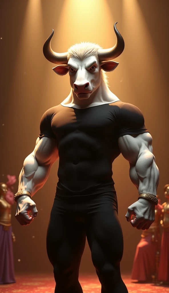 Cow, short beard, white hair, white king outfit with furry cape, holding microfone, huge chest, huge ass, malicious, scary smile, milk coming out of the nipple, animal