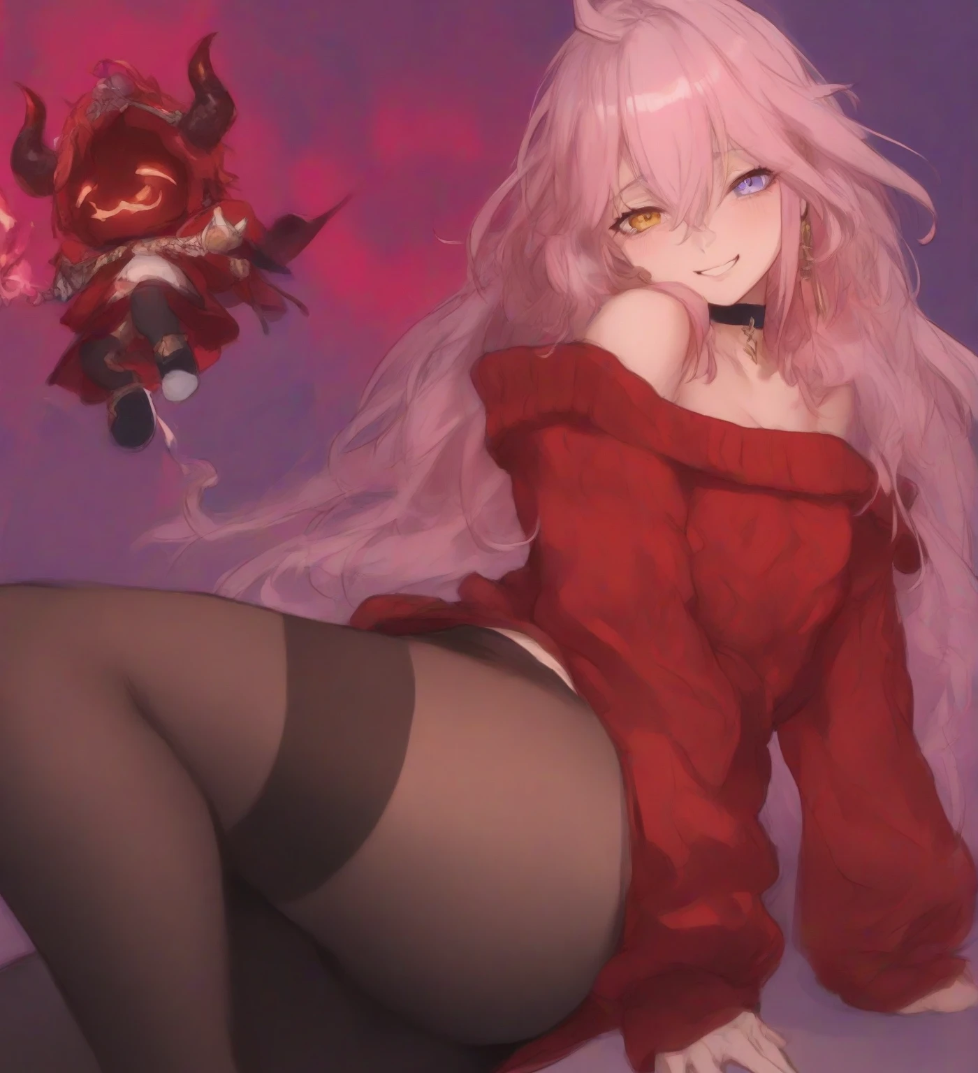 Masterpiece, animerealistic, Top quality, Ultra high definition, Maximum resolution, Very detailed, Professional lighting, kabedon pov, looking at viewer, she has fangs, smug, glowing eyes, she’s a female oni, pretty big eyes, yellow eyes, wearing mascara, wearing blush, devilish girl, she has light red hair, huge shiny breasts, gothic demoness, Very cute,nffsw\,Best Quality,Sheer panties,Wet panties, pink latex panties, pink thighhigh latex stockings,skyporn,broody, hearts, wet, Legs spread posture,Action art,Aim at the enemy,Embarrassed face,Shy face,with blush cheeks,sinister,butyric,minimalism,Impact art,Ruins,