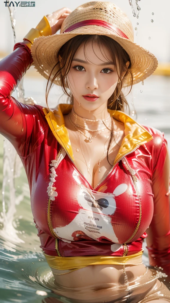 (masterpiece), (best quality:1.4), absurdres, [:intricate details:0.2], hyperrealistic, photography, kkw-ph1, 1 girl, young, 22-year-old, (elven:0.7) portgas d. ace, muscular, muscular girl, hat, bikini top, micro bikini top, shorts, belt, jewelry, necklace, brown hair flaps, (style-swirlmagic:1.0), looking down, solo, (full body:0.6), detailed background, detailed face, (V0id3nergy, void theme:1.1) power-hungry eyes, orange_bikini_top, bikini top, bikini top, thicc_thighs, thick_legs, tight_clothes, skintight, tight_clothing, tight_outfit, hot_pants, shorts, big bust, hourglass body shape, hourglass_figure, hourglass, smiling, smiling, mini shorts, (((thick legs))), (((thick thighs))), (((orange_bikini_top))), (((torn denim shorts))), (((orange_bikini_top))), (((cuvry waist)))