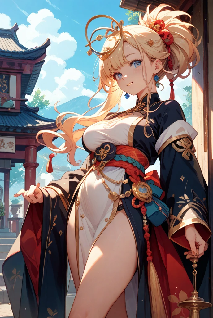 actual, (masterpiece, 4k, 8k, Overhiring, Extremely detailed, illusory, high resolution, Super detailed, best quality, 超high resolution, visually stunning, beautiful, award-winning art, best quality, stunningly beautiful:1.2), Detached sleeves, bare shoulders, long hair, kimono, hair accessories, jewelry, purple eyes, earrings, Detailed face, ribbon_prune, long sleeves, Smile, thick lips, (extremely detailed background:1.4), whole body, (Made of bright colors:1.1), (Abstract:1.4), delicate eyes, (light:1.4), NavyHair, (Wide-angle lens:1.2)