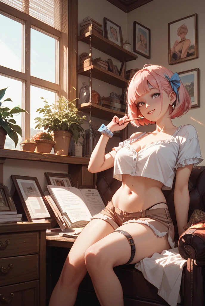 A hyper-realistic portrait of a girl, an American girl, sad look, expression of sadness, ultra detailed complex 3d render, (nsfw), looking at the viewer, 15 years old, short dark pink hair tied with red bows, (wearing a tight lace panties aside: 1.2), shiny skin, (legs spread), (thick white liquid on body), pure and real human skin, wearing a blouse with a large neckline showing the flower bra,  sitting in an open-legged school chair, with students in the background, a classical Japanese classroom, Japanese teacher, vibrant details, hyper-realistic, octane rendering, 8K, best quality,