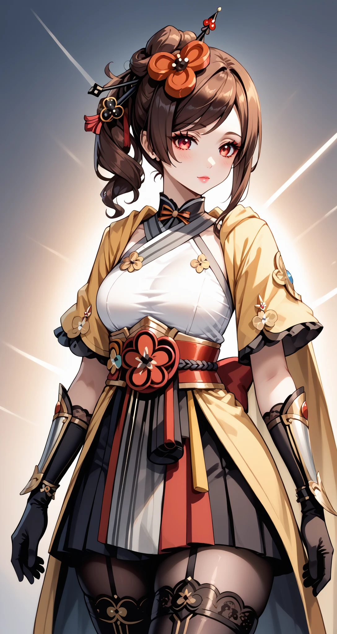 score_9, score_8_up, score_7_up, source_anime, 4K,perfect fingers,(perfect hands, perfect anatomy),prefect lighting, very aesthetic, intricate details,highly detailed background, masterpiece, high quality, best quality,
1girl,Solo,genshinchiori, chiori, brown hair, hair ornament, red eyes, hair flower, large breast,
wearing ((royal queen armor, )) ,,
preparing to go out to battle,