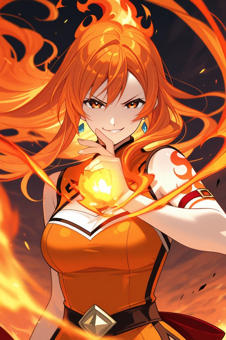 masterpiece, best quality, absurdres, ultra-detail, 1girl, upper body, focus on face, big golden eyes, very long hair, red hair, large breasts, ((cleavage)), ((demon)), demon horn, perfect face, lustrous skin, seductive smile, light rays, detailed background, intricate background,nsfw