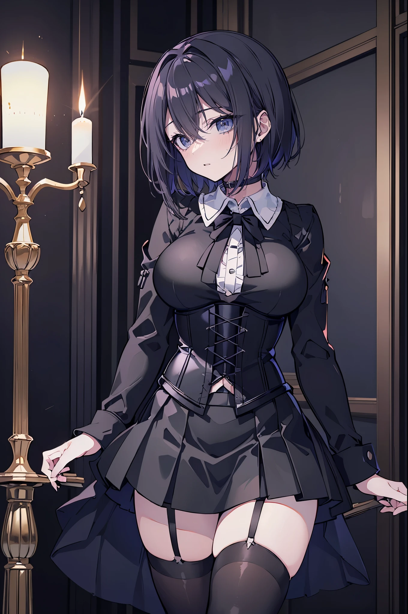 ((better quality)), ((Masterpiece)), (detailed), anime girl gesture, dynamic pose(looking away), shy look, short black hair, big breasts, sexy, ,ojos detaileds, ojos azules, (((pale skin))), choker:1.6, ((((long sleeve white buttoned shirt)))), ((black leather corset)), black leather gloves, ((((black miniskirt)))), elegant library , candles, candelabras, at night,
Approach,
