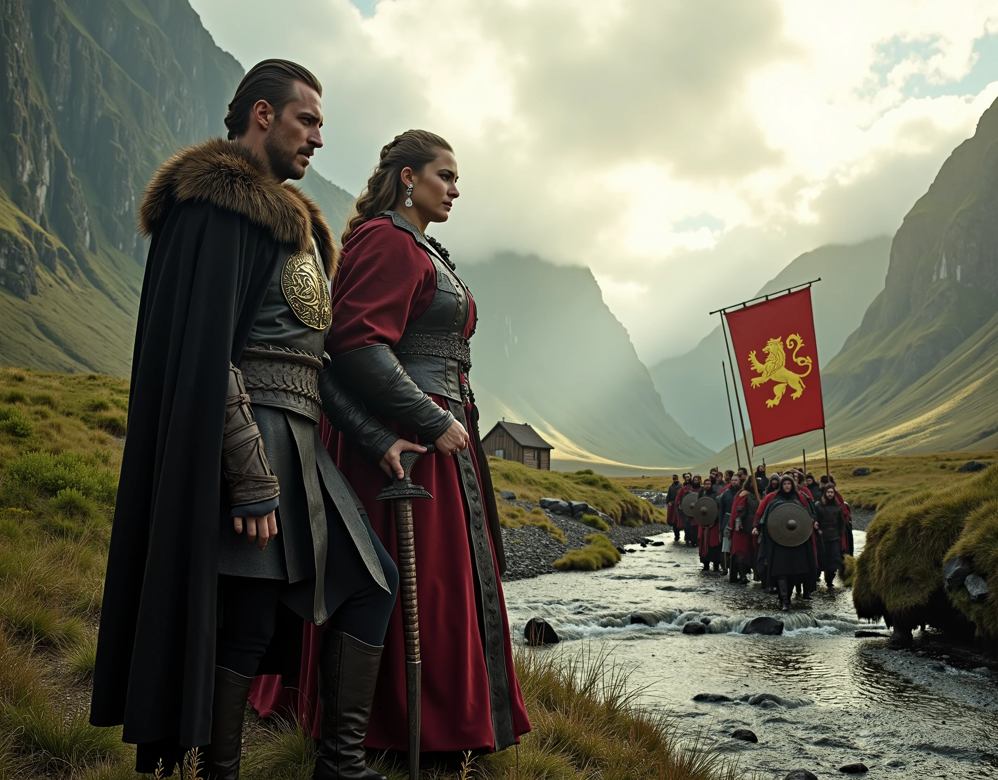 Steep and dramatic mountains are towering in the background and slightly obfuscated by low clouds as dawn breaks and sunrays pierce the clouds. A stream snakes its way down the fjord valley, revealing an ornate longhouse on the far riverbed. In the foreground stands King Ragnar Lothbrok and Queen Lagertha in regal Viking attires, with defiant expressions upon their faces, draped with wolf fur tippets and Viking-style royal jewellery. Ragnar rests his ornate sword on his shoulder, while Lagertha has her weapon sheathed in carved leather. They both have long braided hair, the sides of their heads are shaved. A band of orderly Viking soldiers march from the distant Longhouse alongside the river, carrying a regal red banner with a gold lion embroidered on it, each soldier equipped with painted ceremonial Viking shields and long spears. Shot on a Sony A7R IV with 50mm lens, professional DSLR, 8k resolution, HDR, noise reduction, soft cinematic lighting.