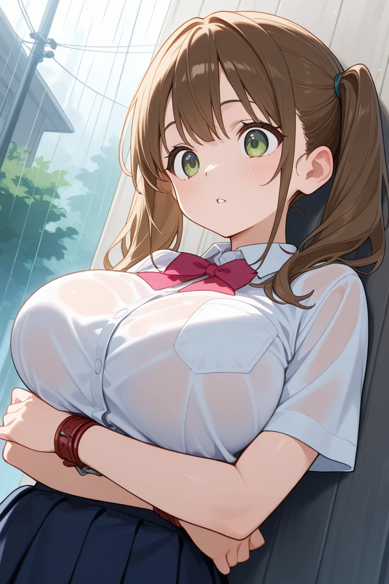 woman、 Age 25, Brown eyes, Shiny skin、Long brown hair, Wearing a white shirt, Big Breasts,Center View, High resolution, Ultra Sharp, 8K, masterpiece、Shopping Mall Bench、sit、People walking behind、、Spread your legs、Spread your legs、Angry expression、A look of contempt、Glare、(((Shooting from the front)))、、((Show off your breasts))、Pleated skirt、The gesture of hiding pants、Leaning forward、(((Sheer white panties)))、Wet Panties、Ass、