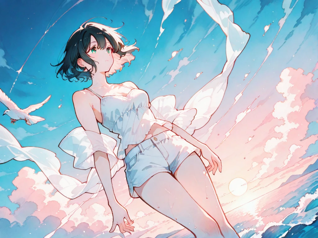 1 girl, transparent water, blue butterfly, sheer white chiffon skirt, sparkling is rn bracier and moaning