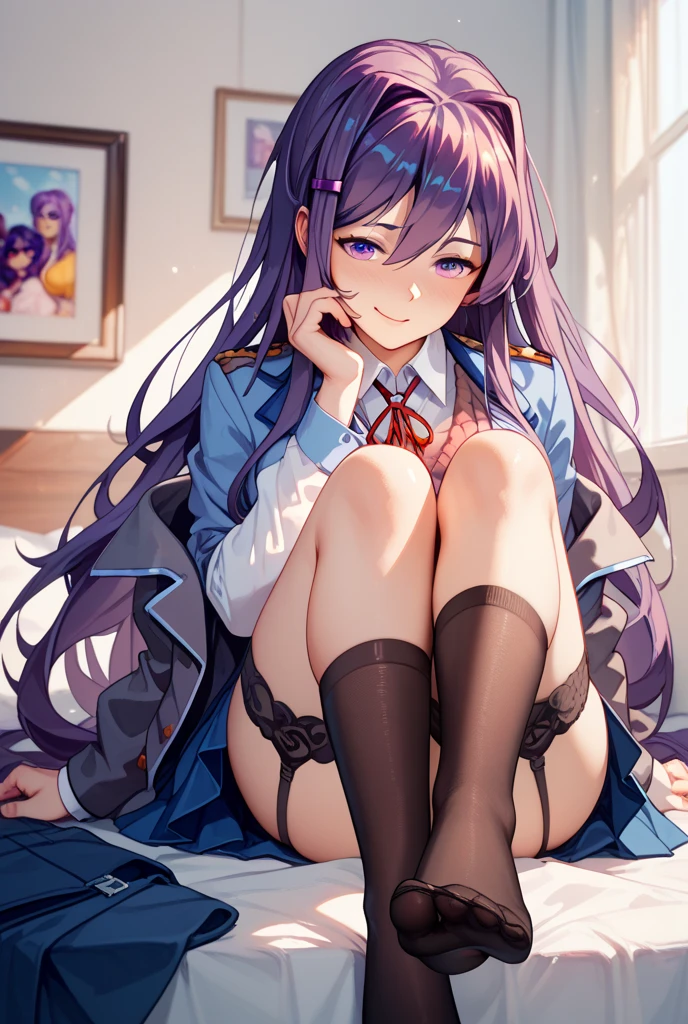 2d, masterpiece, ((squating)) white panties, slim body, slim legs, spread legs, best quality, hands behind head, ((full body)), full pose, anime, highly detailed, cowboy shot, 1girl, solo, yuri, purple hair, purple eyes, long hair, hair between eyes, hairclip, , blazer, brown sweater, collared shirt, neck ribbon, blue skirt, black stockings, black school shoes, clenched hands, smile, teeth, bed, lying on bed,