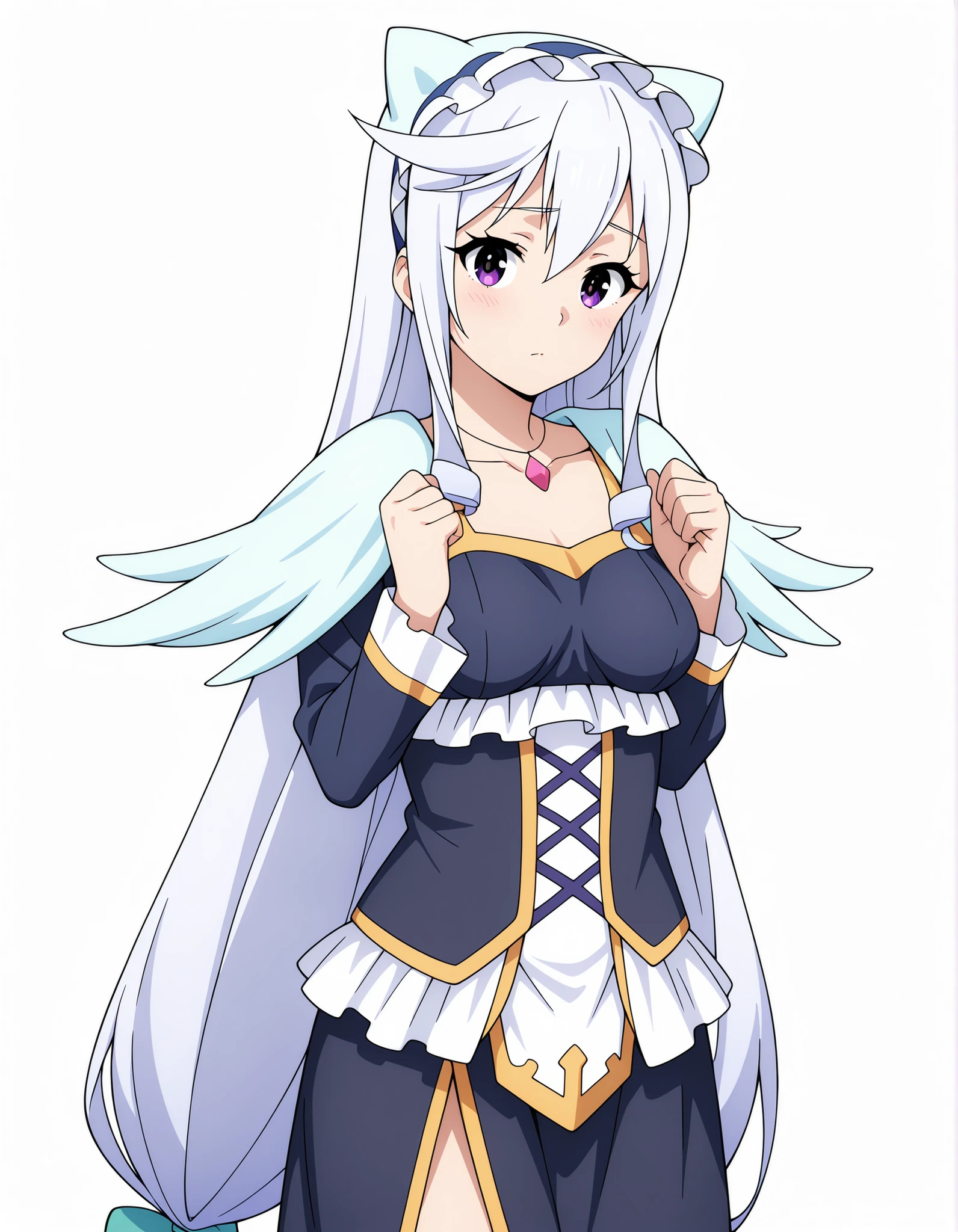 (highly detailed), masterpiece, best quality, amazing quality, simple background, white background, standing, looking at viewer,, Eris-Chris-Liver020, Eris-Liver020, Liver020, 1girl, long hair, very long hair, low-tied long hair, twintails, white hair, purple eyes, medium breasts, collarbone,, 