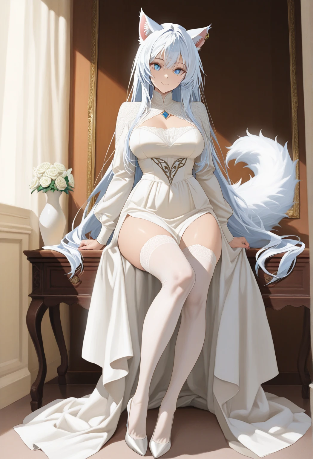 ((best quality)), ((masterpiece)), (detailed), ((highres)), In lavish manor library, extremely long white hair. Fluffy white cat ears (on head). Long white cat tail (on butt), 1catgirl, 20 year old, curvy body, ?????. Heterochromatic eyes (one blue eye, one purple eye). No shoes, white leggings, nude, no clothes, anime, short, provocative, white lewd dress