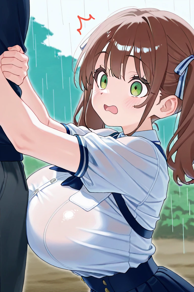 masterpiece, Highest quality, Nico_Yazawa,High resolution, 1 Girl, alone, Brown Hair, short hair, Twin tails、Purple eyes, , Pink Dress, (Cleavage)、(Beautiful thighs), Carrying a red backpack, (randoseru backpack:1.2) Sweaty、Thick thighs、Highest quality、4K、1girl, 8years old, loli, cute, grin, 、School Swimsuit、on the train、Many passersby are surrounding the girl.、、Thick thighs、Ahegao、Men holding their penises and surrounding girls、Semen from the penis、Bukkake、Bukkake、(Bukkake)projectile cum、Blowjob