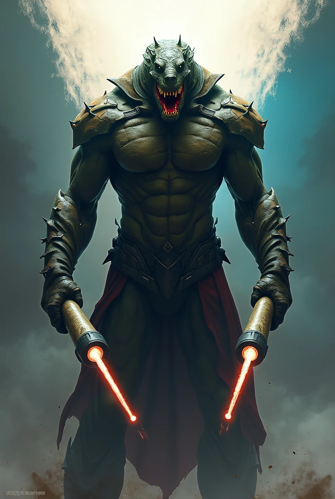 Devil With black skin colour and
red eyes and glowing green sword in hand
He should has six pack abs