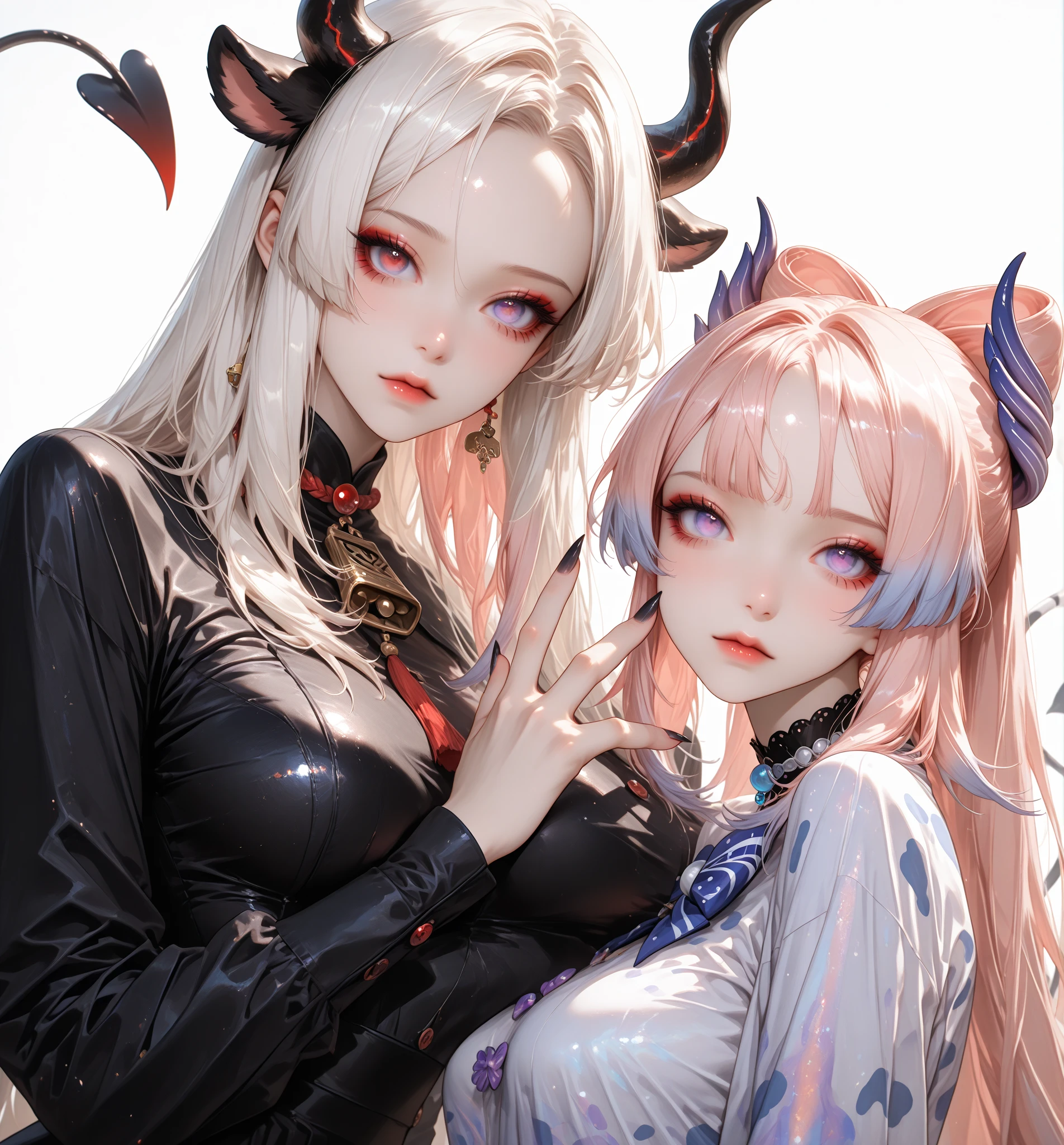 Beige cream hair color and long hime cut with dark red highlights, the characters is a Tiefling from d&d and she have pinkish white fair skin with red eyes and beige to white eye lash and eye brows beige horns