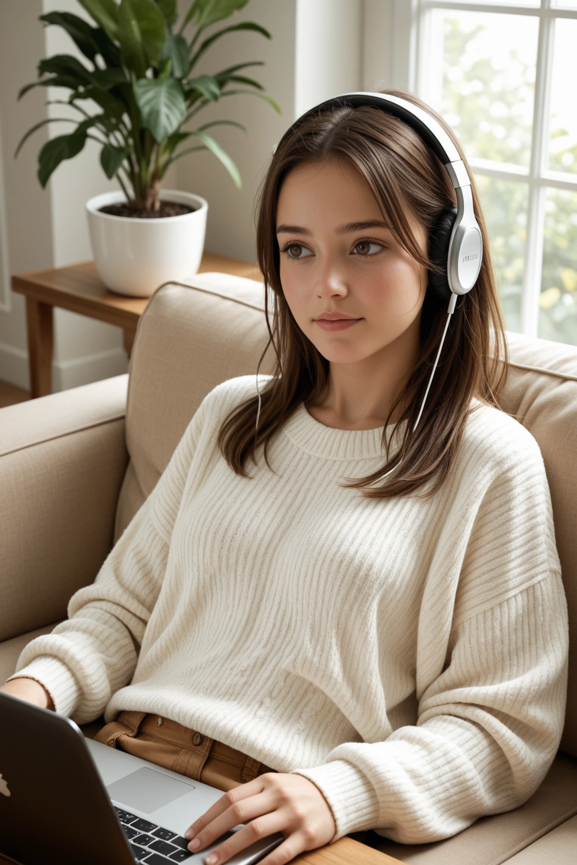 a young girl studying with headphones on,(orange glass:1.2),(detailed face,beautiful eyes,delicate features:1.4),cozy study room setting,(warm lighting:1.1),(photorealistic,ultra-detailed,8k,best quality:1.4),(digital painting,oil painting,cinematic lighting:1.2)