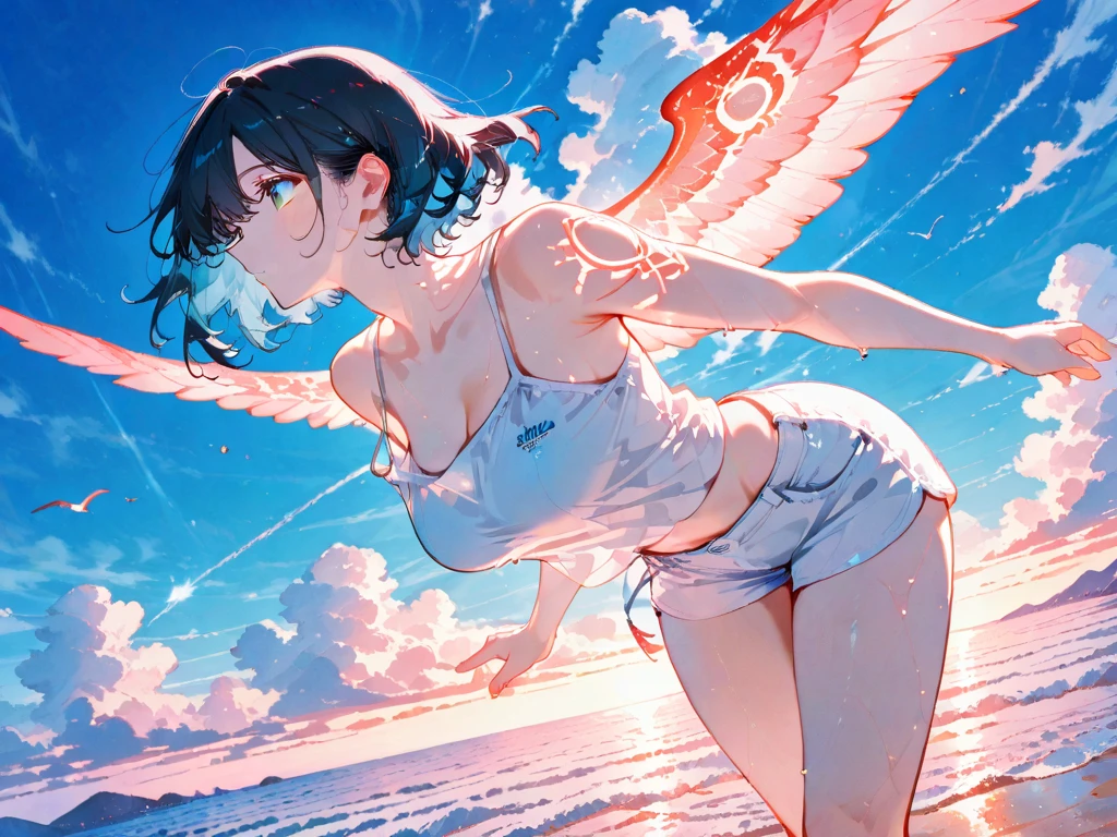 (full body, pov angel swimsuit style), (solo:2, 15 yo, curly:1.3 black hair long hair lovely girl, sexy red eyes, love smile, medium:1.1 tits, glossy lip), (in a white Wavy leotard swimsuit, double exposure White Feather), break, in the Swimsuit contest venue, background Double Exposure beautiful ocean and feather, BREAK, perfect anatomy, masterpiece, best quality, 16k, beautiful detailed love, sexy, daydreaming expression.